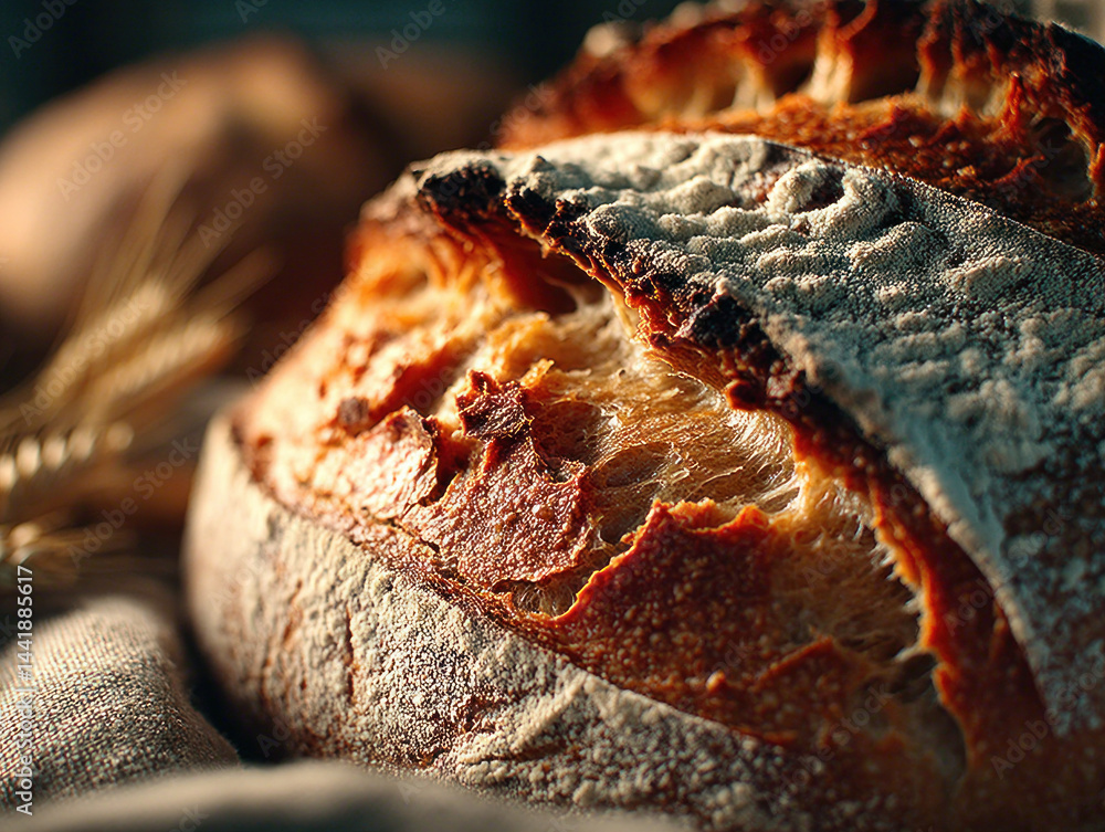 A close-up of the top of a freshly baked loaf of bread