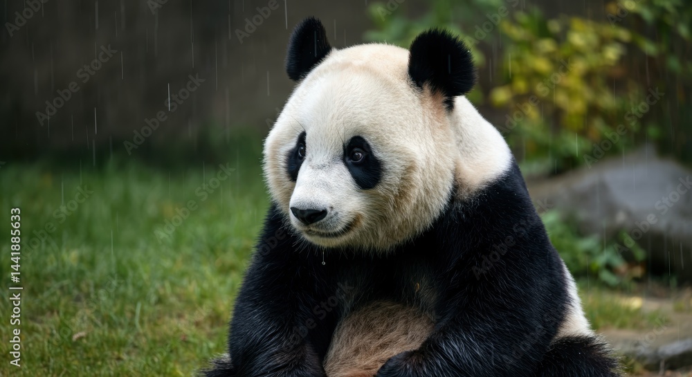 Giant panda sitting in the rain on grass in a forested area Giant panda sitting in the rain on grass in a forested area
