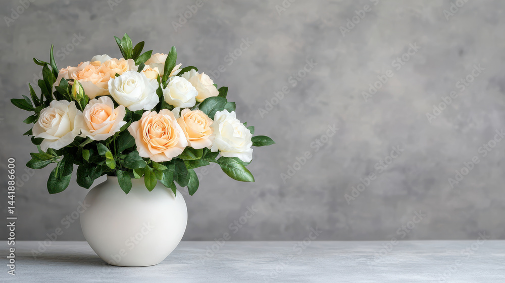 beautiful arrangement of soft peach and white roses in simple vase, creating serene and romantic atmosphere beautiful arrangement of soft peach and white roses in simple vase, creating serene and romantic atmosphere