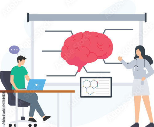 Doctor presenting human brain functions on a projection screen during a medical conference, while a participant diligently taking notes on a laptop, enhancing their learning experience

