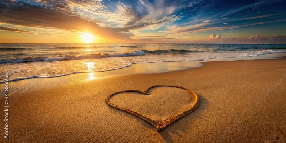Obraz premium Golden Hour Romance Heart Drawn in Sand on a Tranquil Beach at Sunset
