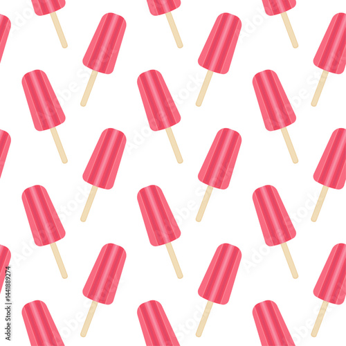 Seamless pattern for packaging and wrapping paper. Pink fruit ice cream on a stick on a white background. Vector illustration. Print for a gift bag. Ornament for wallpaper.