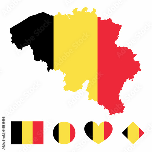 Vector set of Belgium high detailed map flag and national flag round badge isolated on white background.