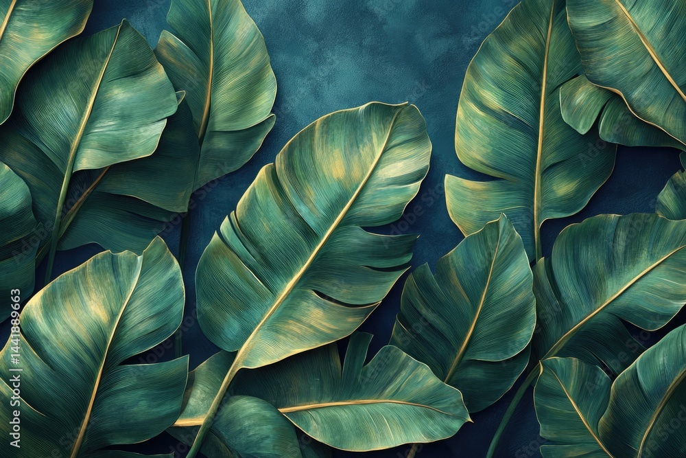 Fototapeta premium Vibrant tropical leaves on a deep teal background.