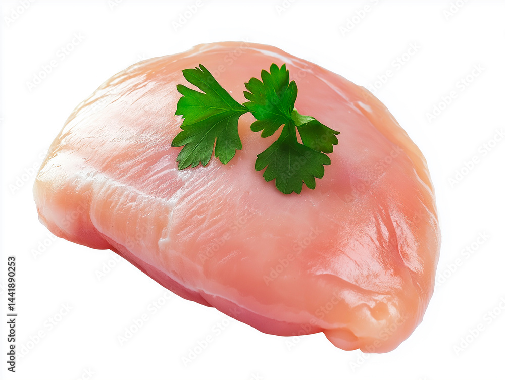 A single, raw, skinless chicken breast fillet isolated on a white background, showcasing its smooth texture and pale pink color, ready for cooking.