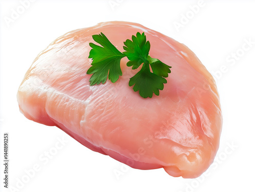 Obraz na płótnie A single, raw, skinless chicken breast fillet isolated on a white background, showcasing its smooth texture and pale pink color, ready for cooking. w salonie