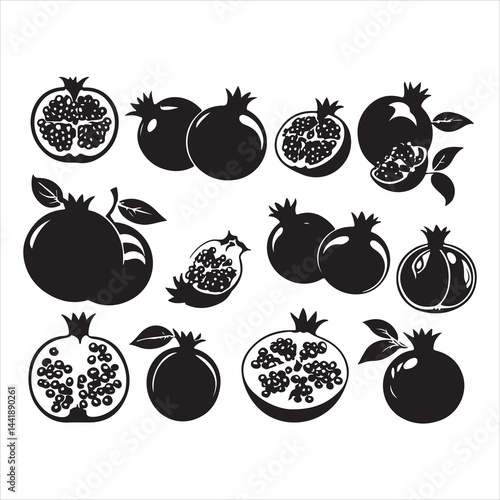 a fresh pomegranate fruit vector silhouette, vector black color silhouette, isolated white background. 