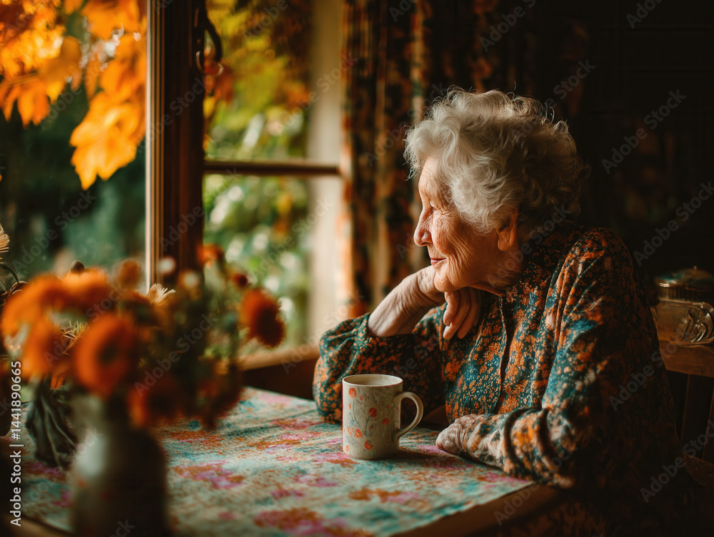 An elderly person enjoying a warm cup of coffee at home