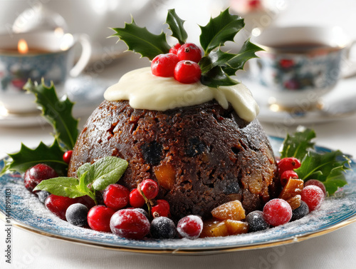 An isolated view of a classic Christmas pudding ready for serving