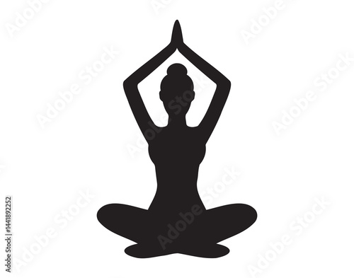 Girl black silhouette practice meditation. Woman sits in lotus position, hands raised above head. Yoga complex. Healthy lifestyle concept icon.