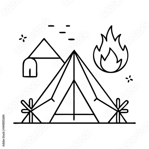 camping tent and fire icon, camping tent and fire line art - simple line art of camping tent and fire, perfect for camping tent and fire logos and icons