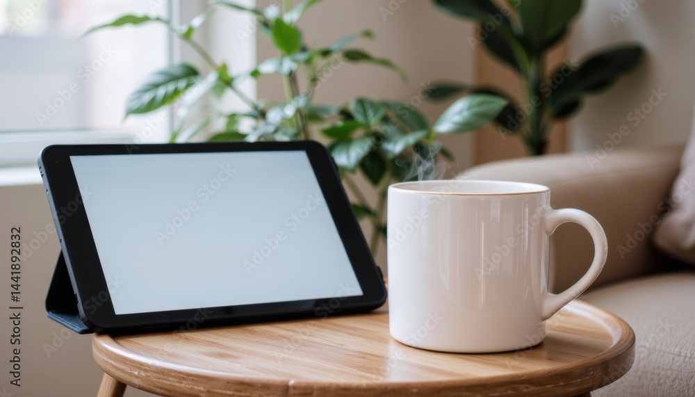 Cozy workspace with a tablet and steaming coffee mug. Cozy workspace with a tablet and steaming coffee mug.
