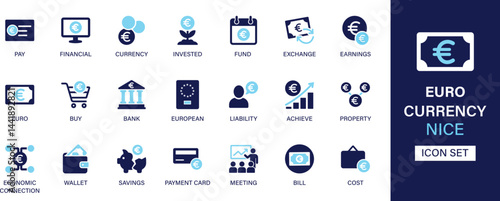 Euro currency icon set collection. Pay, financial, currency, invested, fund, exchange, earnings, buy and best solid icon set.