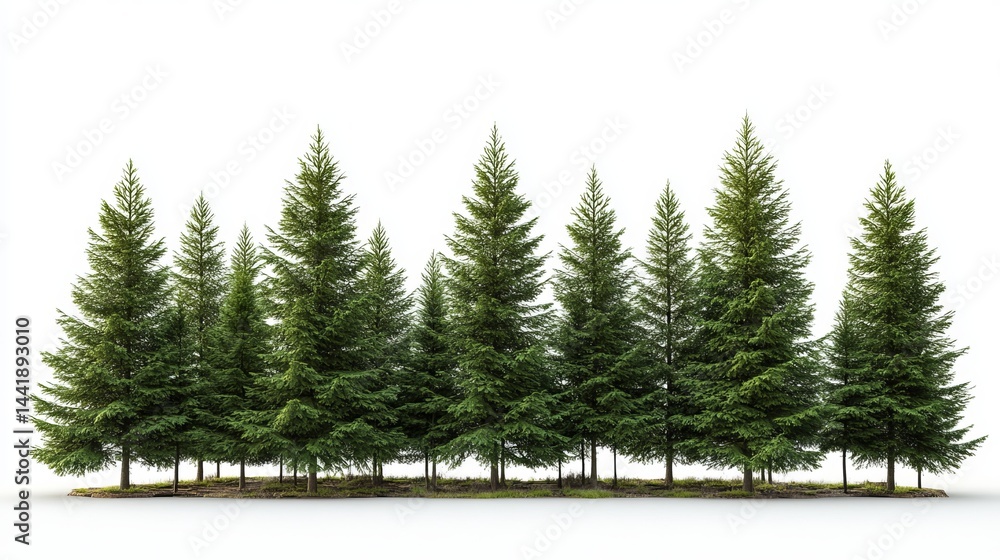 Fototapeta premium Majestic evergreen coniferous trees isolated on white background 3d fir pine tall leaf plant image