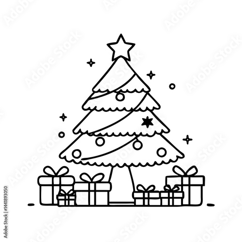 christmas tree with presents icon, christmas tree with presents line art - simple line art of christmas tree with presents, perfect for christmas tree with presents logos and icons