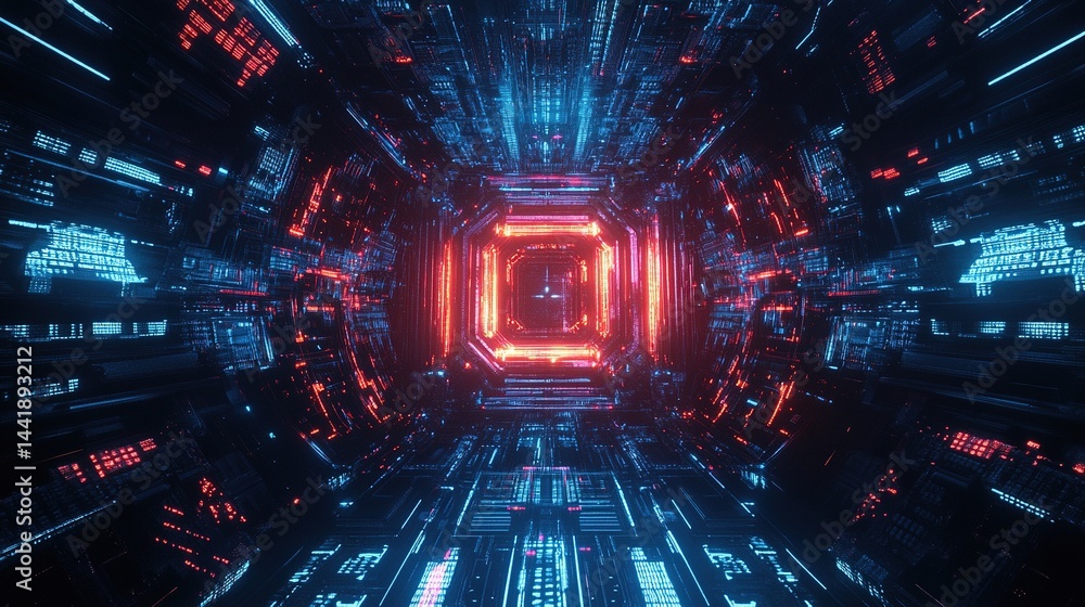 Futuristic digital fractal art, glowing cyberpunk color palette, intricate symmetrical pattern, glowing effect on dark background, abstract tech design, sci-fi geometric shapes, holographic visuals Futuristic digital fractal art, glowing cyberpunk color palette, intricate symmetrical pattern, glowing effect on dark background, abstract tech design, sci-fi geometric shapes, holographic visuals