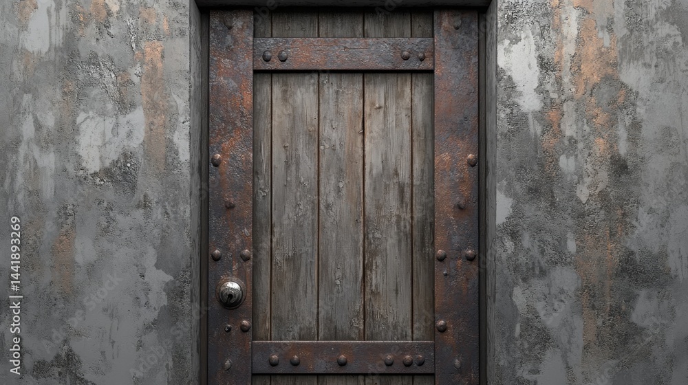 Aged, weathered wooden door with rusty iron frame set in a textured stone wall Aged, weathered wooden door with rusty iron frame set in a textured stone wall