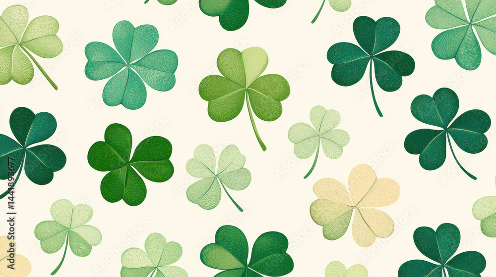 seamless pattern of cartoon shamrocks in various shades of green, creating cheerful and festive atmosphere seamless pattern of cartoon shamrocks in various shades of green, creating cheerful and festive atmosphere