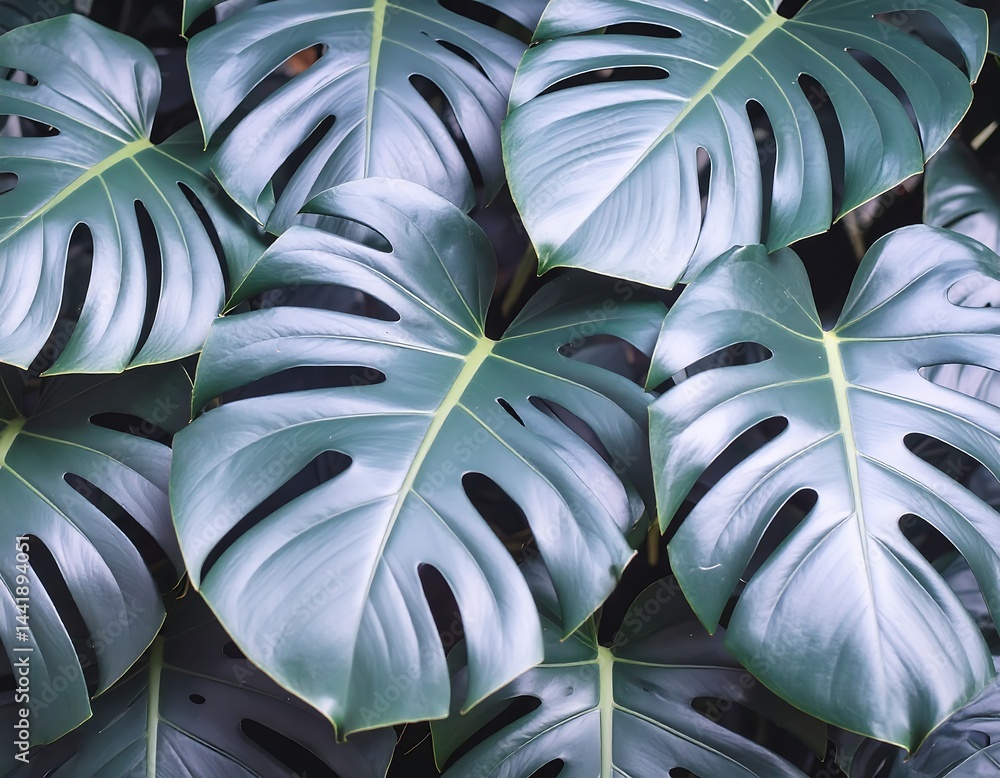 close-up view of lush, dark green monstera leaves with their iconic deep splits and holes. The leaves have a glossy texture and are densely layered, creating a rich, tropical aesthetic. close-up view of lush, dark green monstera leaves with their iconic deep splits and holes. The leaves have a glossy texture and are densely layered, creating a rich, tropical aesthetic.