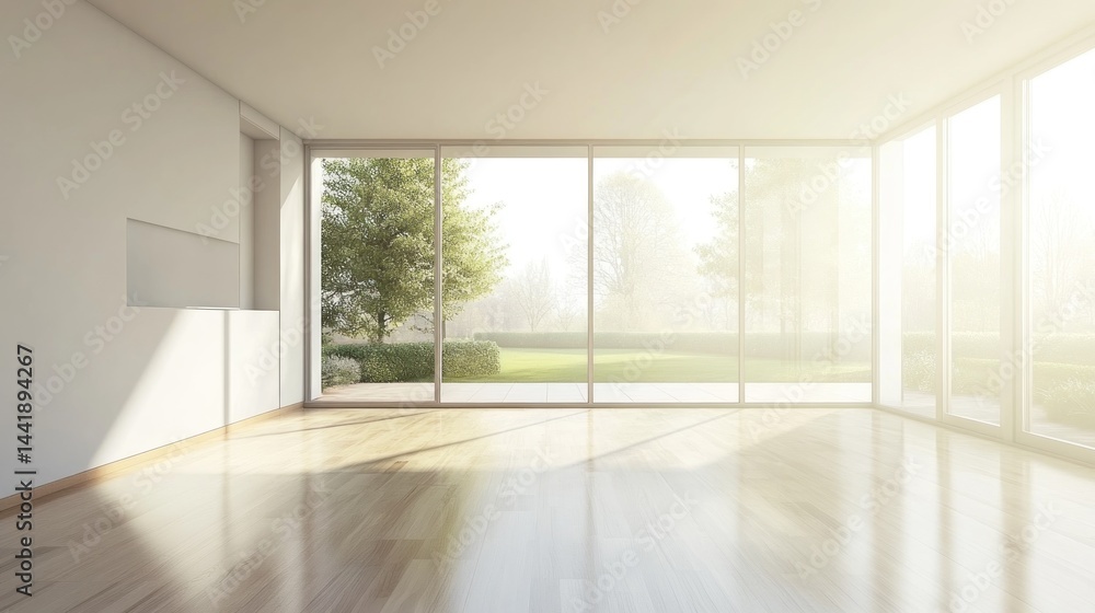 Fototapeta premium Empty modern room with large windows showcasing a garden. Sunlight streams in