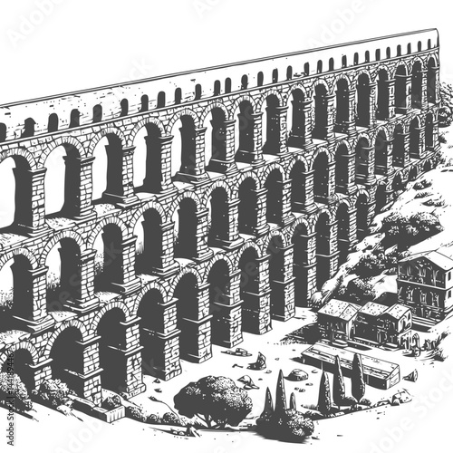 Roman aqueduct beautifully covered with greenery and moss, standing as a historical monument of the past and a work of ancient architecture