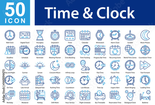 Time & Clock Scheduling  Icon Sheet and Collection with Outline Color