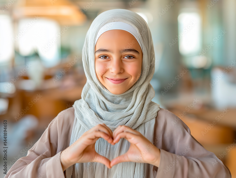 A portrait of a smiling young girl, who appears to be of Middle Eastern or North African descent, wearing a light-colored hijab and making a heart shape with her hands, conveying love, warmth, and cul