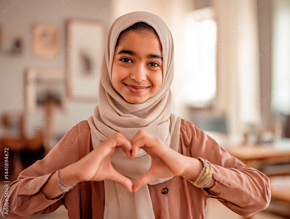 A portrait of a smiling young girl, who appears to be of Middle Eastern or North African descent, wearing a light-colored hijab and making a heart shape with her hands, conveying love, warmth, and cul