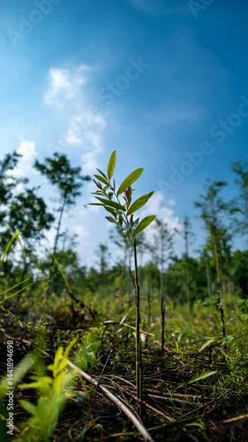 Wallpaper Mural Young sapling grows amidst lush green environment under a bright blue sky in a forested area Torontodigital.ca