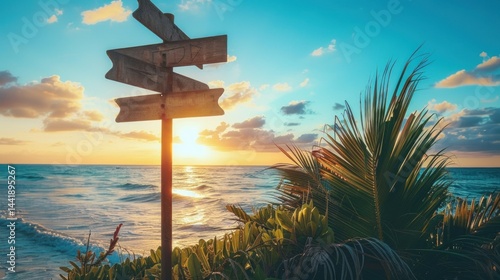 Signpost pointing to beach destinations. stock photo --ar 16:9 --raw --v 6 Job ID: 2d059cc8-c1d2-4411-ae94-b3060b1b8afe photo