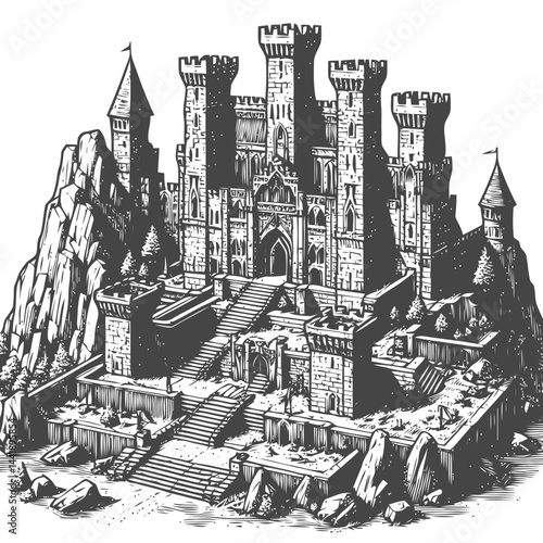 Exquisite medieval castle ruins artwork with intricate details and weathered textures ideal for historical and creative projects.