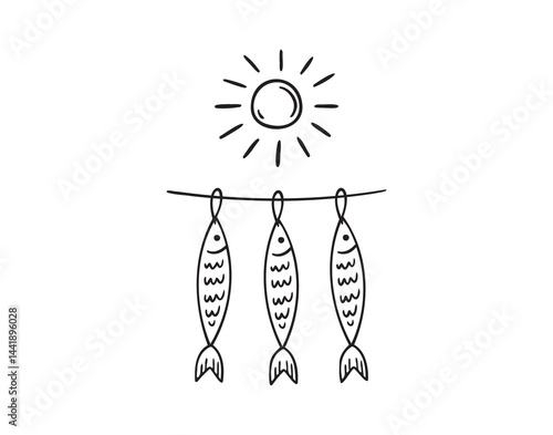 Small fish hang on a rope, sun dry. seafood labels, beer snack icon doodle hand drawn. Outline line drawing clipart symbol. 