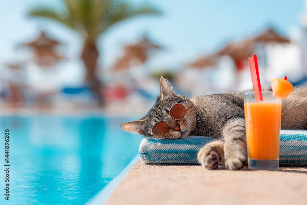 A humorous image of a ginger cat wearing round orange sunglasses, relaxing on a sun lounger next to a refreshing orange cocktail with a straw and a paper umbrella, by a blurred swimming pool, evoking