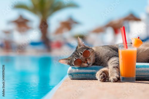 Obraz na płótnie A humorous image of a ginger cat wearing round orange sunglasses, relaxing on a sun lounger next to a refreshing orange cocktail with a straw and a paper umbrella, by a blurred swimming pool, evoking w salonie