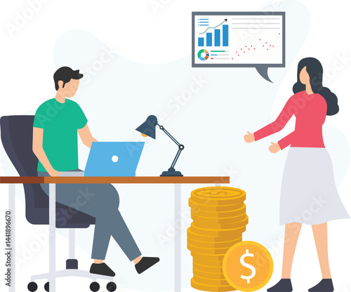 Businesswoman presenting positive financial growth charts to a businessman working on a laptop with a stack of gold coins representing successful investments and profits

