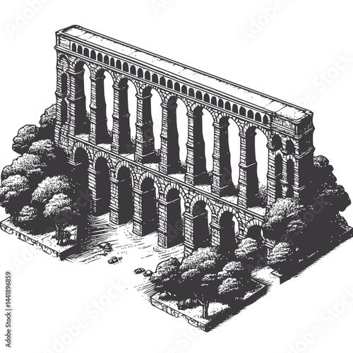 A Roman aqueduct covered with ivy and foliage, displaying the beauty of ancient architecture and historical ruins amidst nature