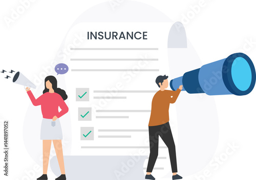 Businesswoman using megaphone for insurance advertisement and businessman using telescope for searching best insurance policy, promoting insurance services and searching for best deals

