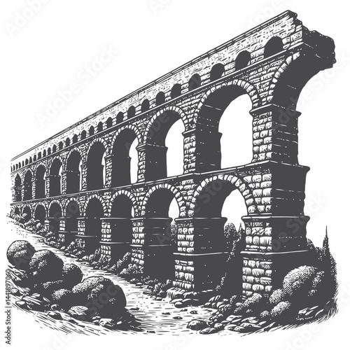 Ancient Roman aqueduct surrounded by nature, showing the timeworn structure covered with foliage and showcasing the history and beauty of ruins