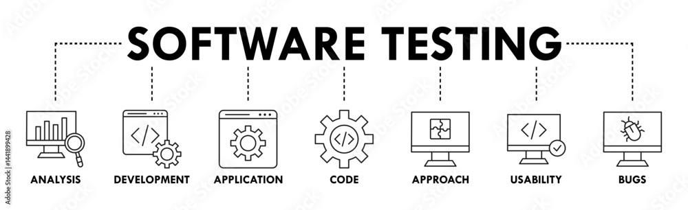 Software testing banner web icon vector illustration concept with icon of analysis, development, application, code, approach, usability, and bugs Software testing banner web icon vector illustration concept with icon of analysis, development, application, code, approach, usability, and bugs