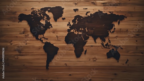 Detailed world map on rustic wooden wall, a stunning travel and geography decoration