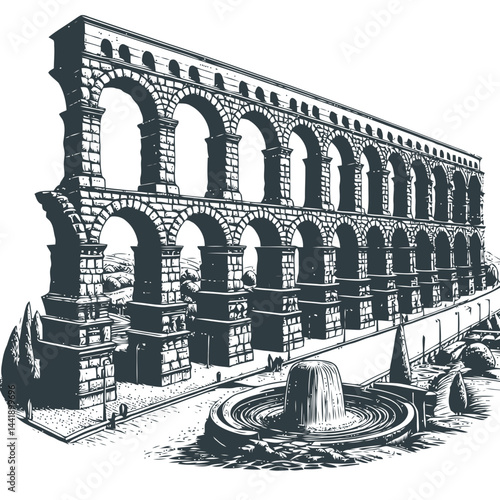 A historical Roman aqueduct standing strong, partially covered with moss and vines, showcasing the ancient engineering of architecture