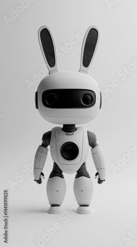 A 3D rendered image of a small, white and gray robot with bunny ears standing on a light gray background, suggesting a blend of technology and whimsical design, possibly for concepts related to AI, 