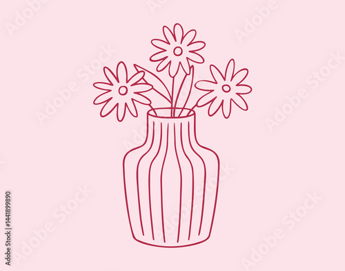 pink drawing cute vase with flowers line art. Hand drawn doodle outline bouquet simple floral decoration