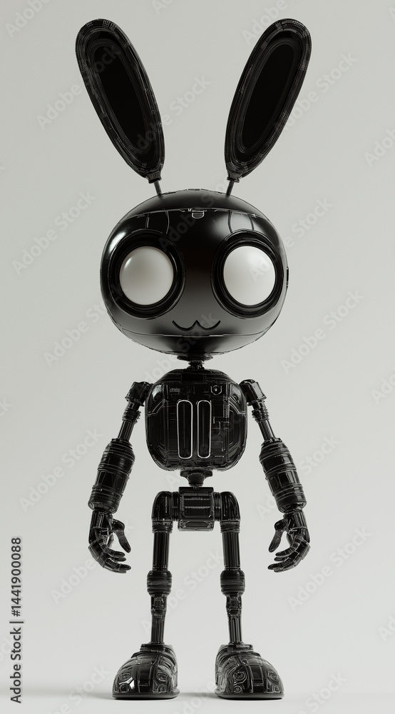 A 3D rendered image of a small, white and gray robot with bunny ears standing on a light gray background, suggesting a blend of technology and whimsical design, possibly for concepts related to AI,