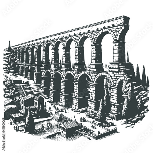Ancient Roman aqueduct covered by vegetation showing the beauty of ancient architecture and historical ruins with overgrown plants