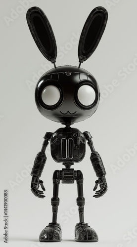 A 3D rendered image of a small, white and gray robot with bunny ears standing on a light gray background, suggesting a blend of technology and whimsical design, possibly for concepts related to AI, 