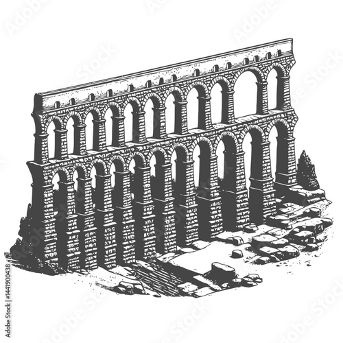 Weathered Roman aqueduct covered with plants and moss, illustrating the passage of time and the beauty of ancient ruins in nature