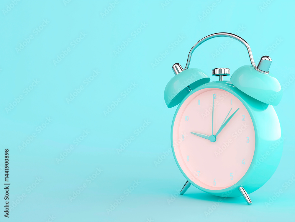 A pastel turquoise alarm clock with a light pink face, standing on a matching turquoise background, with ample copy space to the left, suggesting time management, morning wake-up, or a gentle reminder