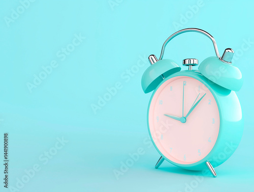 Obraz na płótnie A pastel turquoise alarm clock with a light pink face, standing on a matching turquoise background, with ample copy space to the left, suggesting time management, morning wake-up, or a gentle reminder w salonie