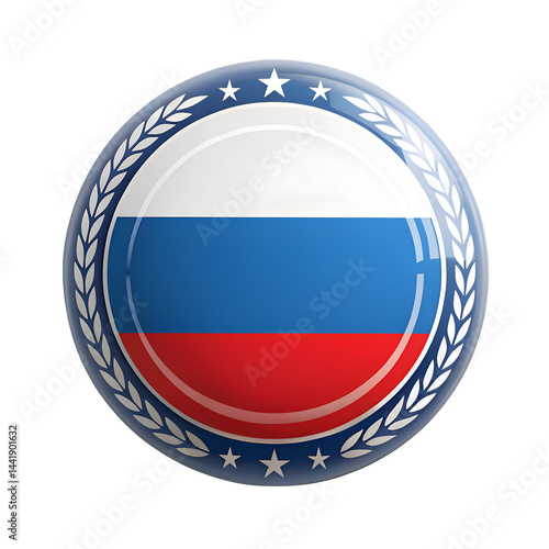 PNG Russian Emblem isolated on a transparent background: A polished, circular emblem showcases the national flag of Russia, adorned with a laurel wreath and stars, 